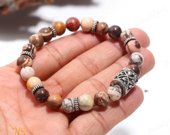 Natural Brown Zebra Jasper Bracelet 8mm, Striped Gemstone Jewelry for Balance & Motivation, Earthy Beaded Bracelet, Unisex 7 Inch Yoga Gift