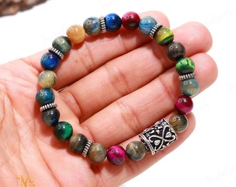 Natural Multi Color Tigers Eye Bracelet 8mm, Triple Tiger Eye for Protection & Luck, Blue Red Yellow Gemstone Jewelry, Unisex Gift for Him