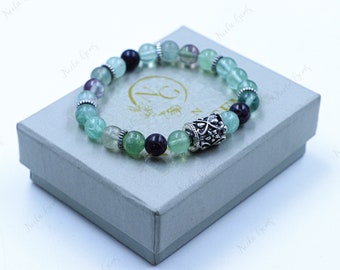 8mm Multicolor Fluorite Bracelet Natural Rainbow Fluorite for Focus & Clarity Mental Organization Stone Unisex Zen Gift Clear Purple Green