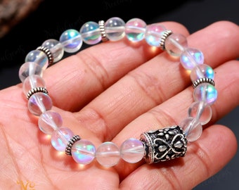 8mm Mystic Aura Crystal Bracelet, Iridescent Holographic Quartz, High Vibration Healing Jewelry, Aura Cleansing Stone, Ethereal Gift for Her