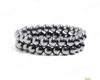 Natural Hematite Bracelet 8mm, Metallic Gunmetal Stone for Grounding & Protection, Heavy Root Chakra Crystal, Unisex Gift for Focus Balance