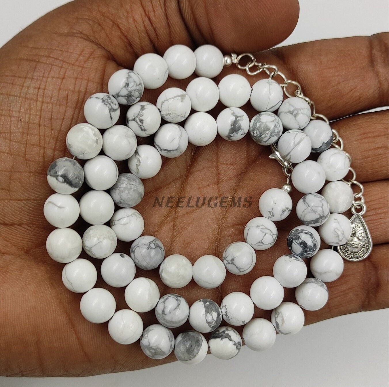 Howlite Beaded Bracelet, 8mm Howlite Natural White Beads Bracelet, Howlite Gemstone Bead Bracelet 18 inch Smooth Round Beads Howlite Jewelry