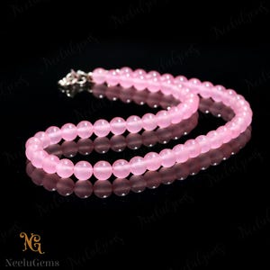 AAA+ Natural Pink Rose Quartz Beaded Necklace,8 MM Rose Quartz Smooth Round Beads Necklace,18&quot; Rose Quartz Beaded Necklace Handmade Jewelry