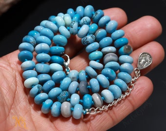 Hand Knotted Peruvian Blue Opal Necklace, Teal Gemstone Candy Beaded Choker, Natural Pastel Stone Jewelry, Silk Knotted Boho Gift for Her