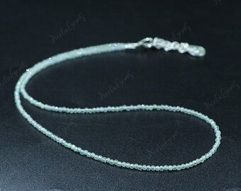 Green Prehnite Necklace, Micro Faceted Gemstone Choker, Dainty Mint Green Crystal Jewelry, Stone of Unconditional Love Handmade Gift for Her