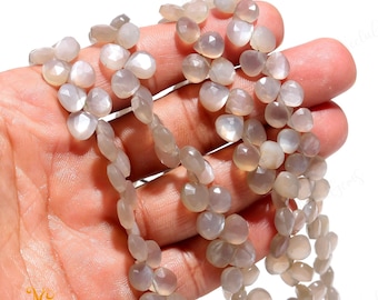 Cuentas de piedra lunar gris facetadas tipo briolette con forma de corazón, cuentas de piedra lunar natural con perforación lateral, cuentas de piedras preciosas de 20 cm para joyería artesanal.