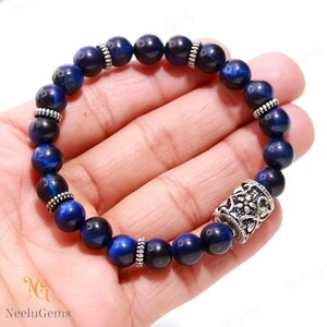 AAA+ Blue Tiger&#39;s Eye Bracelet,Tiger Eye Round Beads Bracelet,Tiger Eye Gemstone Stretch Bracelet,8 MM Blue Beads Unisex Healing Bracelet