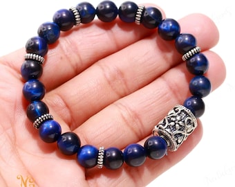 Bracelet Perles œil De Tigre Bleu Naturel - Fait Main - 17 Cm - Pierre Naturelle