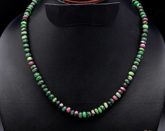 Ruby Zoisite Necklace Hand Knotted Green Pink Gemstone Beads, Natural Anyolite Silk Strand, Heart Chakra Jewelry Boho Statement Gift for Her