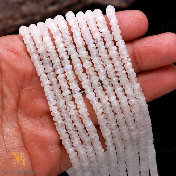 AAA+ Natural White Rainbow Moonstone Faceted Rondelle Gemstone