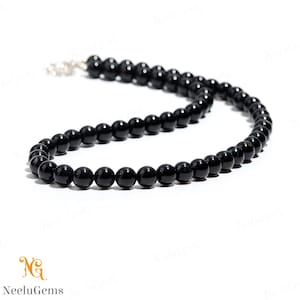 AAA+ Natural Black Onyx Beaded Necklace,8 MM Black Onyx Smooth Round Beads Necklace,18&quot; Black Onyx Beaded Necklace In Handmade Jewelry