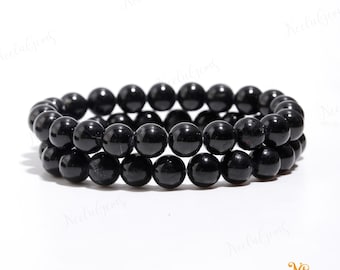 AAA+ Black Tourmaline Bracelet 8mm, Genuine High Polish Protection Stone, EMF Shielding Jewelry, Root Chakra Grounding Gift for Men Women