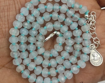 Aquamarine Quartz Necklace, Hand Knotted Gemstone Jewelry, Natural Blue Rondelle Bead Choker, March Birthstone Gift, Silk Knotted Statement