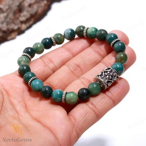 AAA+ Green Moss Agate Bracelet,Moss Agate Round Beads Bracelet,Moss Agate Gemstone Stretch Bracelet,8 MM Green Beads Unisex Healing Bracelet