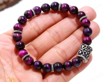 8mm Purple Tiger’s Eye Bracelet, Vibrant Chatoyant Stone for Insight & Courage, Third Eye Chakra Jewelry, Bold Unisex Power Gift, Shimmer