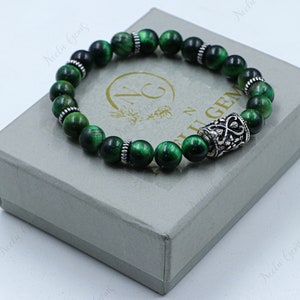 Green Tiger's Eye Bracelet, 8MM Round Gemstone Beads, Unisex