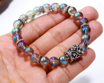 8mm Mystic Aura Bracelet, Iridescent Holographic Quartz, Unisex High-Vibration Jewelry, Rainbow Aura Cleansing Stone, Modern Spiritual Gift