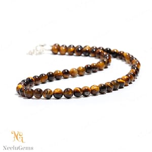 AAA+ Natural Yellow Tiger&#39;s Eye Beaded Necklace,8 MM Tiger&#39;s Eye Smooth Round Beads Necklace,18&quot; Tiger&#39;s Eye Beads Necklace Handmade Jewelry