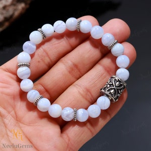 AAA+ Blue Lace Agate Bracelet,Agate Round Beads Bracelet,Agate Gemstone Stretch Bracelet,8 MM Blue Lace Agate Beads Unisex Healing Bracelet
