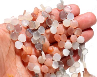 Cuentas de piedra lunar multiárea lisas tipo briolette con forma de corazón, cuentas de piedra lunar con perforación lateral, 10 cuentas de piedras preciosas para joyería hecha a mano.