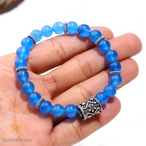 AAA+ Blue Chalcedony Bracelet,Chalcedony Round Beads Bracelet,Chalcedony Gemstone Stretch Bracelet,8 MM Blue Beads Unisex Healing Bracelet
