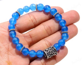 Pulsera de calcedonia azul de 8 mm, piedra azul cielo suave para una comunicación tranquila y paz, joyería relajante para el chakra de la garganta, regalo unisex para la serenidad.
