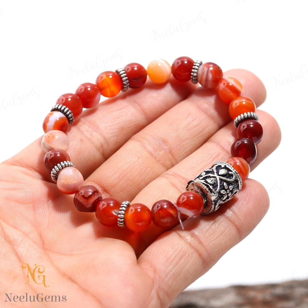 Bracciale In Agata Rossa Sulemani, Perlina Rotonda Con Pietra - Foto 6