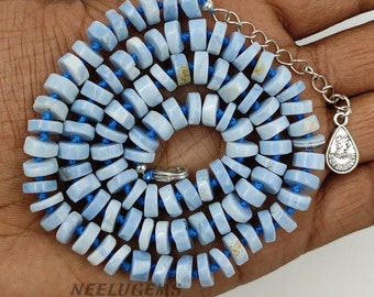 Hand Knotted Blue Opal Heishi Bead Necklace, Genuine Gemstone Choker, Ocean Blue Boho Jewelry, Unique Handmade Gift for Her, Natural Stones