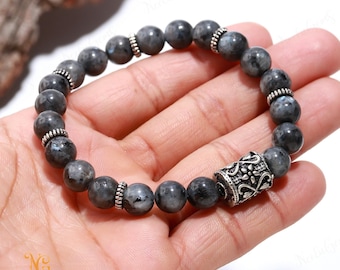 Bracelet En Pierre Larvikite (Labradorite Noire) - Perles 8mm - Longueur Ajustable - Neuf