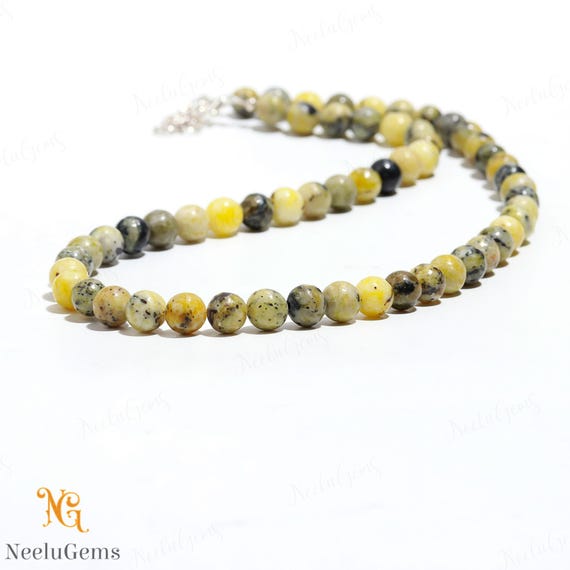 AAA+ Natural Yellow Serpentine Beaded Necklace,8 MM Serpentine