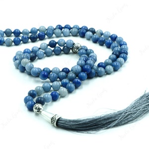 Mala de aventurina azul de 108 cuentas, collar con borla de mala de aventurina anudado a mano, mala de aventurina azul natural de 108 cuentas, hecho a mano.