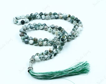 Tree Agate  Beads Mala Necklace-108 Hand Knotted Mala Necklace,Gemstone Beads Yoga,Prayer & Meditation Mala Necklace,Beaded Necklace