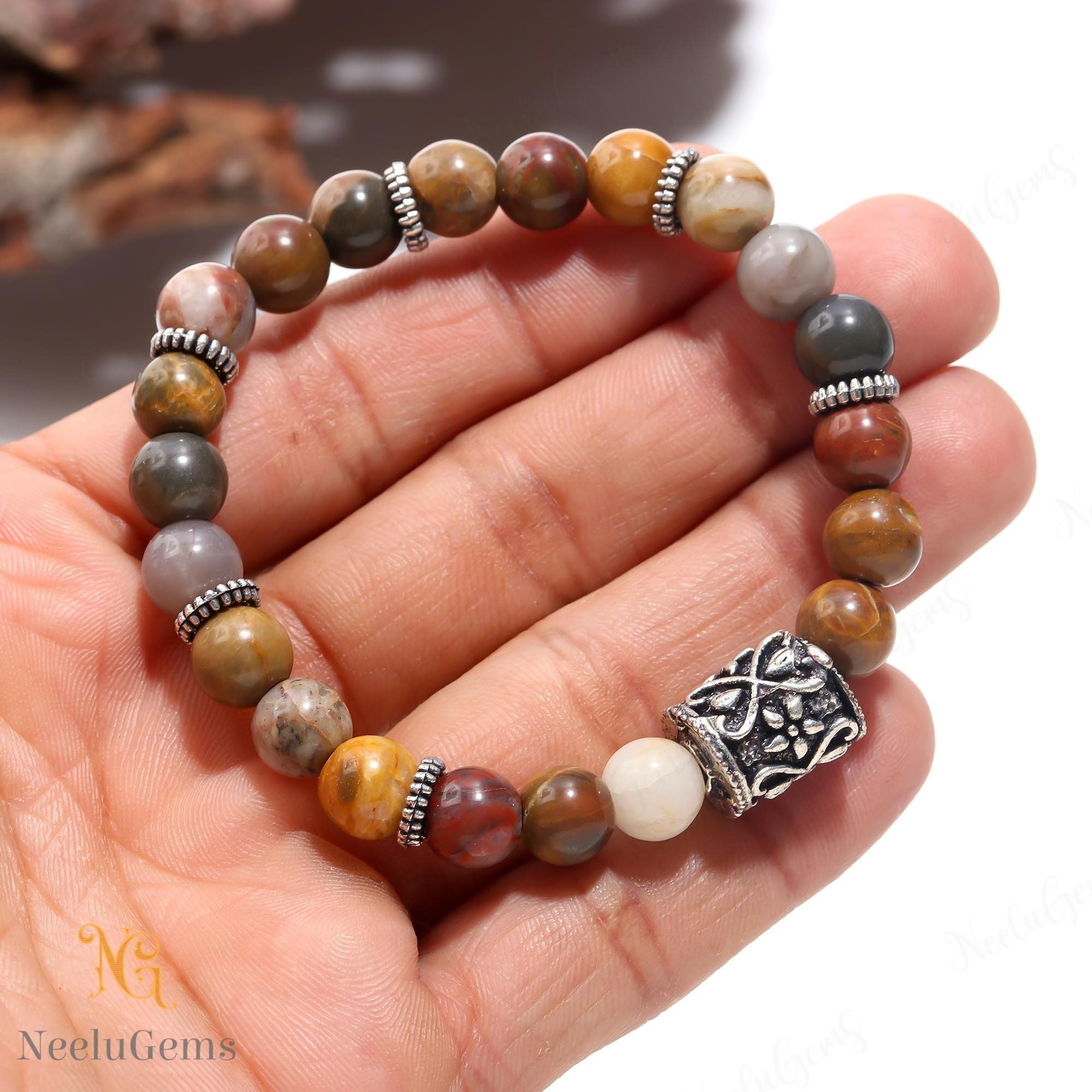 Natural Petrified Wood Bracelet 8mm, Ancient Fossil Stone for