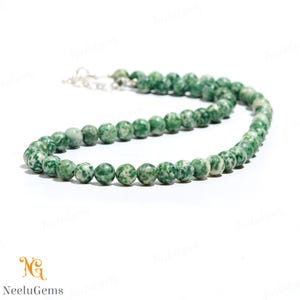 AAA+ Natural Green Spot Jasper Beaded Necklace,8 MM Green Jasper Smooth Round Beads Necklace,18&quot; Jasper Beaded Necklace In Handmade Jewelry