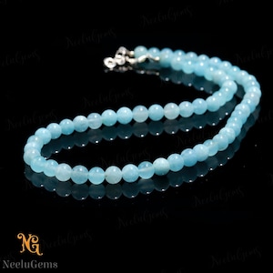 Colar de contas de água-marinha azul natural AAA+, colar de contas redondas lisas de água-marinha de 8 mm, colar de contas de água-marinha de 18&quot; em joia feita à mão