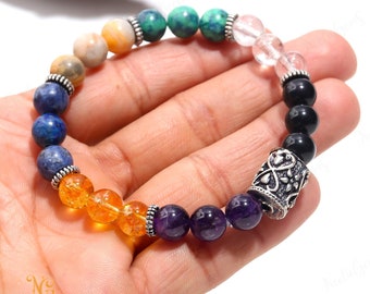 7 Chakra Armband für Balance, Amethyst Lapis Lazuli & Matt Onyx Heilstein Schmuck, Energie Ausrichtung Geschenk für Sie oder Ihn, Yoga Schmuck