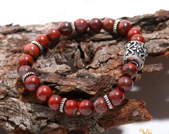Bracciale Regolabile In Diaspro Rosso Naturale | Nappe Macramè, Perline 12 Mm, Chakra Reiki, Unisex, Dall'India
