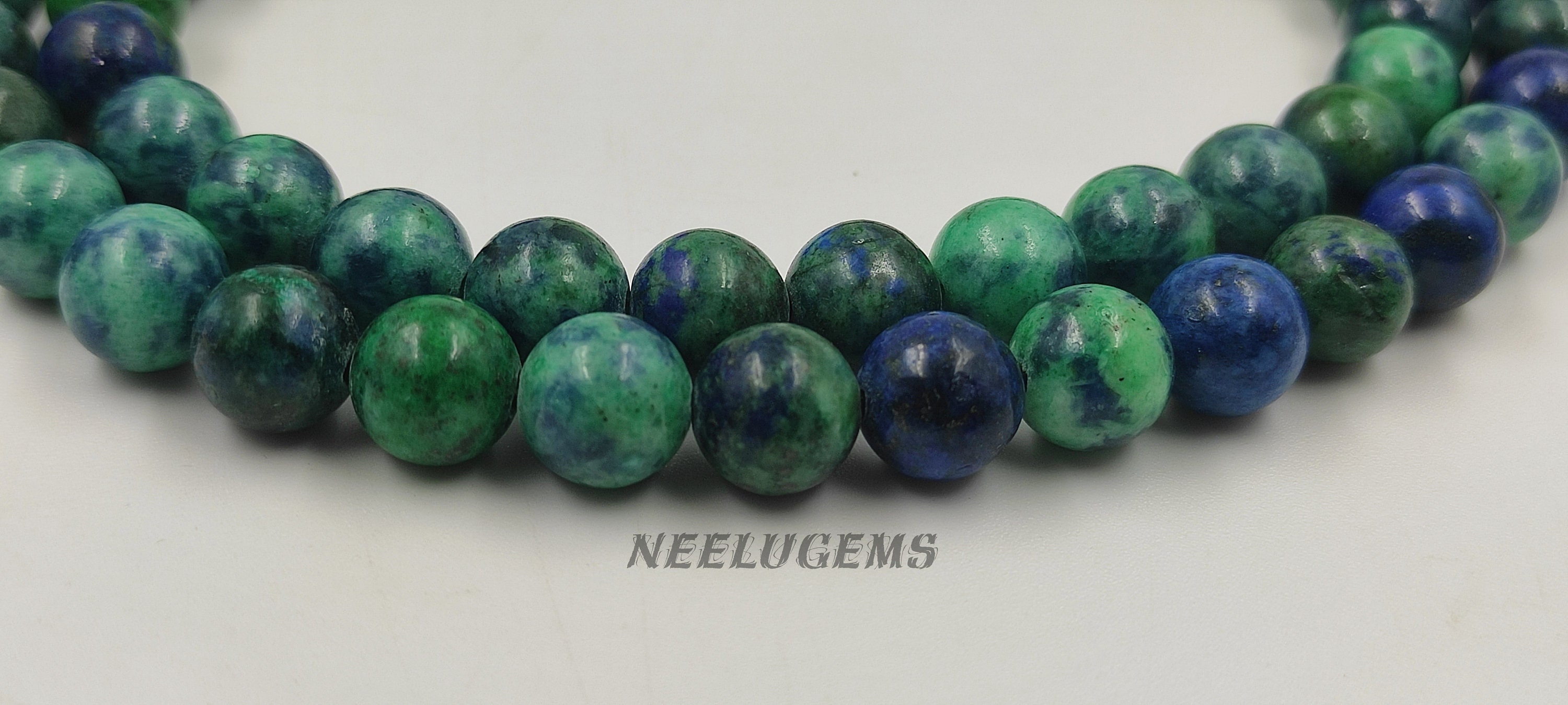 Natural Azulite Malachite Beaded Necklace, 8mm Round Stone Jewelry 