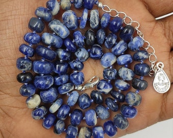 Blaue Sodalith Halskette Handgeknüpfte natürliche Edelstein Perlen, dunkelblauer marmorierter Stein Schmuck, Heilstein für Männer Frauen, Boho Zen Geschenk