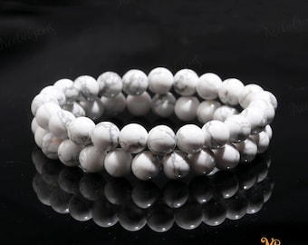 Natural White Howlite Bracelet 8mm, Marble Stone for Calm & Patience, Stress Relief Crystal, Unisex Gift for Better Sleep Mindfulness