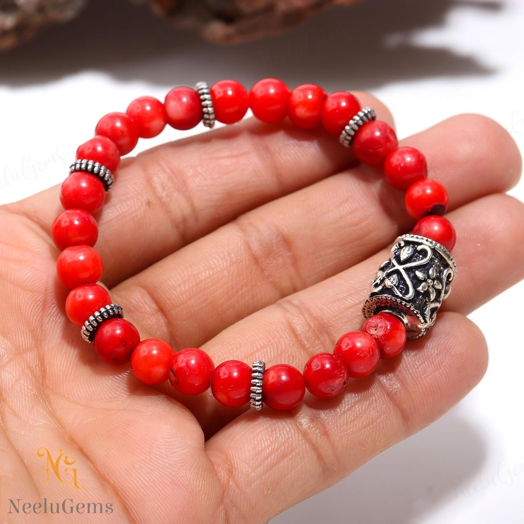 7mm AAA+ Red Coral Bracelet, High Polish Vitality Stone for