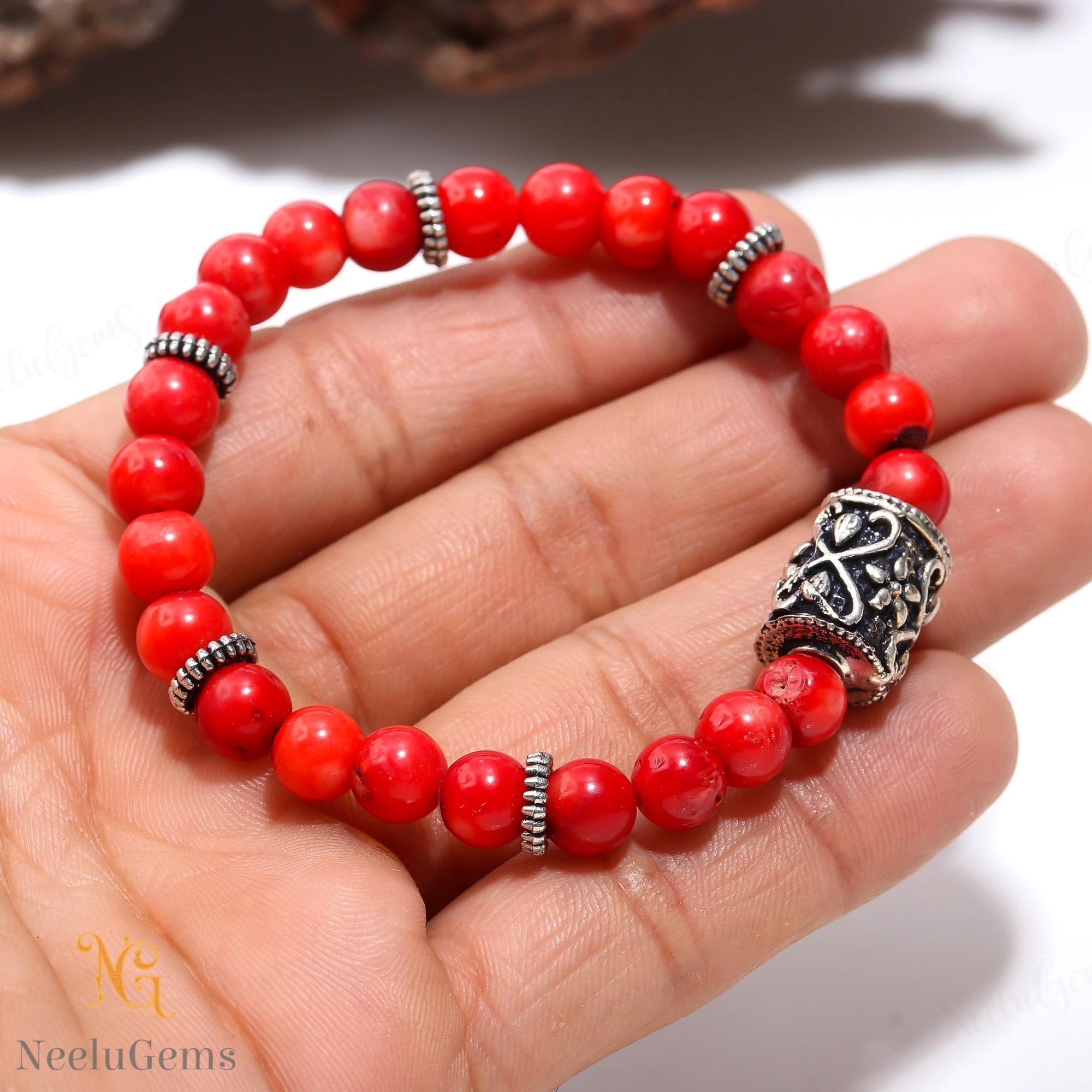 7mm AAA+ Red Coral Bracelet, High Polish Vitality Stone for