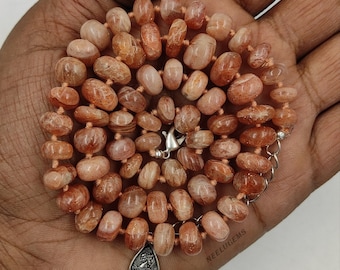 Natural Sunstone Necklace, Hand Knotted Gemstone Jewelry, Shimmering Peach Sunstone Rondelle Silk Strand, Sparkly Boho Choker, Gift for Her