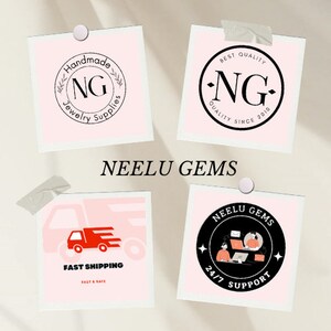 May include: Four pink and white square cards with black text and graphics. The top left card has a black circle with the text "Handmade NG Jewelry Supplies". The top right card has a black circle with the text "Best Quality NG Quality Since 2010". The bottom left card has a pink background with a red truck and the text "Fast Shipping Fast & Safe". The bottom right card has a black circle with the text "Neelu Gems 24/7 Support" and a graphic of two people working on laptops.