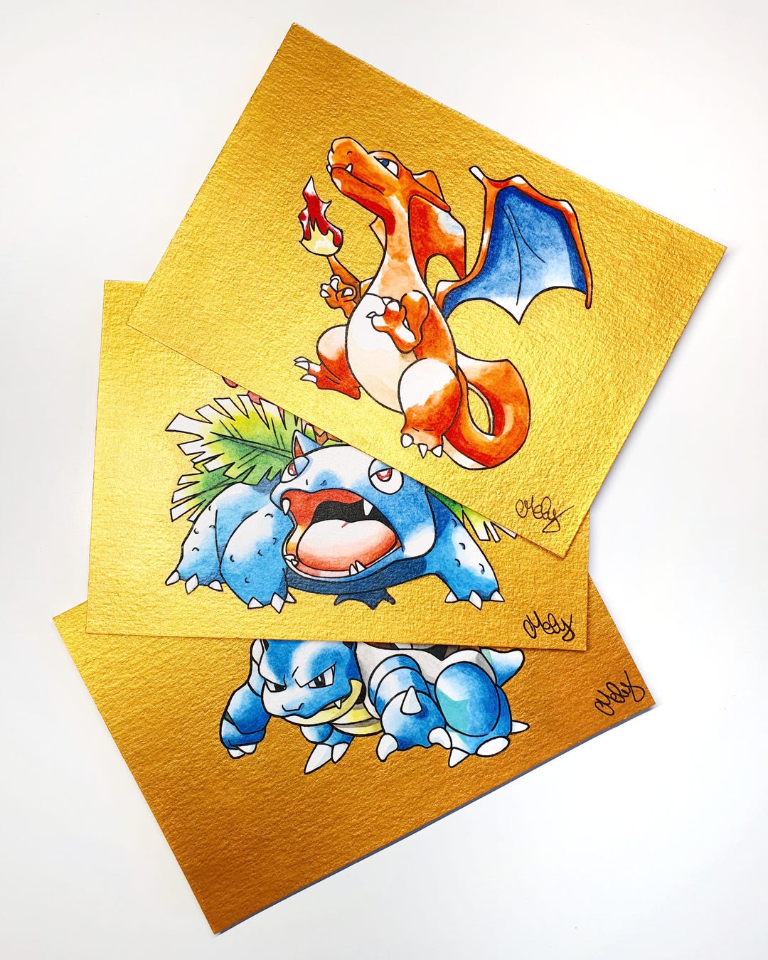 3 Postcards of Charizard, Venusaur, and Blastoise Inspired by Ken