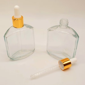 2 oz (60mL) Clear Glass Bottle with Shiny Gold Band with White Bulb | Unique Glass | Serum Dropper