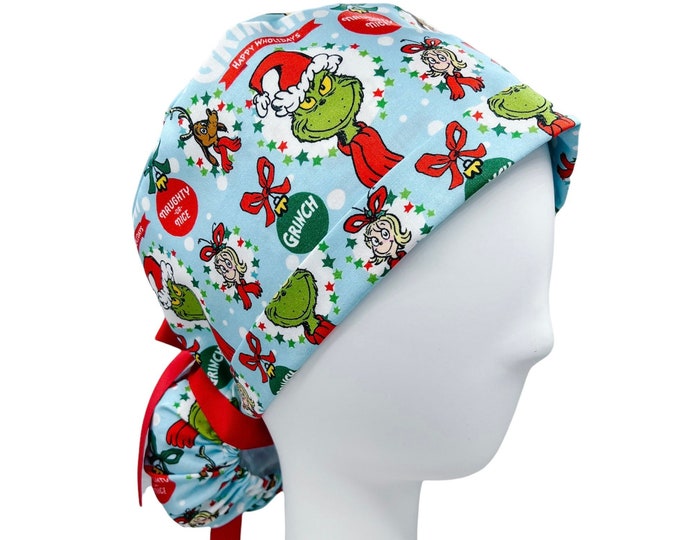 The Mean One Ponytail Scrub Cap, / Buttons, Scrub Caps for Women