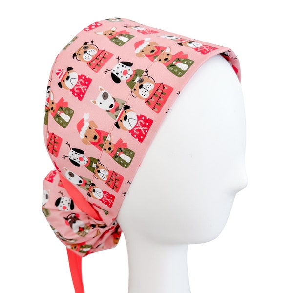 Holiday Pups In Pink Ponytail Scrub Cap, Custom Print - Limited Edition, Premium Fabric, Dog Print, Scrub Caps For Women