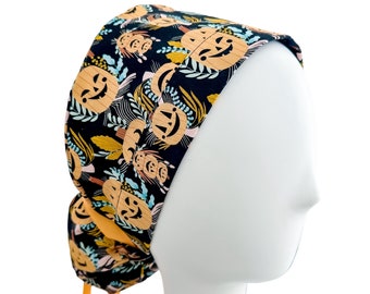 Pumpkins Ponytail Scrub Cap, Premium Fabric, Halloween Scrub Cap, Cat Scrub Cap, Scrub Caps For Women