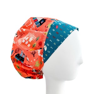 Halloween Town In Orange Bouffant Cap, Adjustable Scrub Hat With Cord-Lock, Surgical Cap For Women, Witches, Mummies, Ghosts Scrub Cap